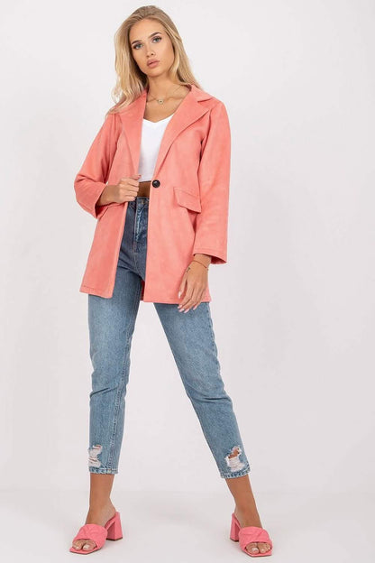 Coral pink blazer-style coat with notched lapels and long sleeves.