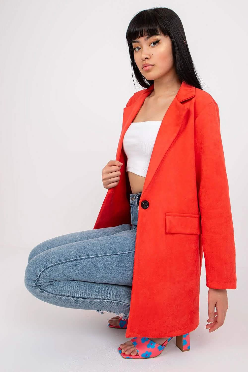 Bright red single-breasted blazer coat with notched lapels and front pockets.