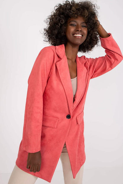 Coral-colored single-button blazer with long sleeves and front pockets.