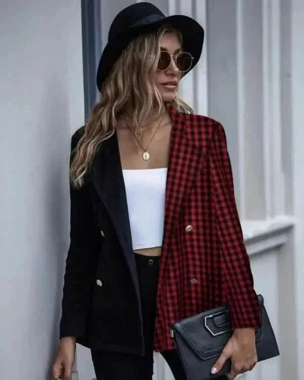 Split-design blazer featuring black and red plaid patterns with gold buttons.