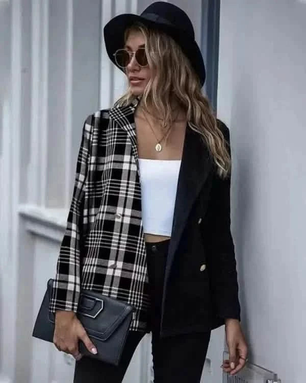 Split-design blazer featuring black and plaid pattern halves.