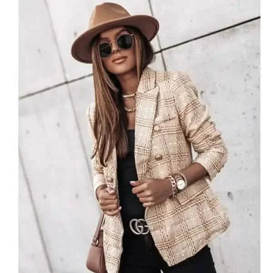 Cream and beige plaid tweed blazer with button closure.