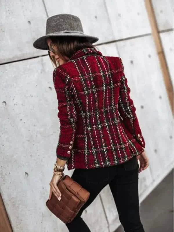 Red and black plaid tweed blazer with metallic button details.