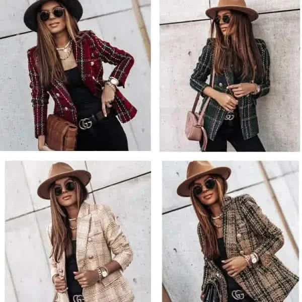 Stylish tweed blazers in different colors and patterns paired with fedora hats.