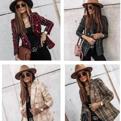 Stylish tweed blazers in different colors and patterns paired with fedora hats.