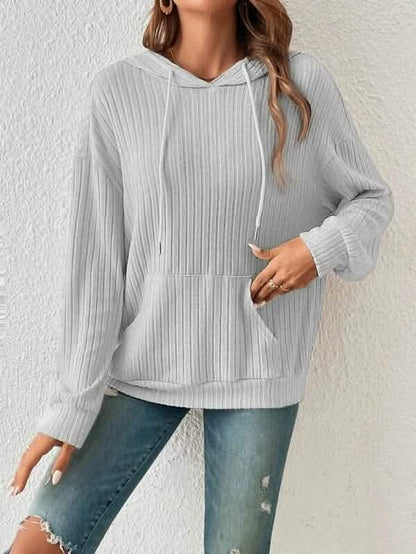 Fashion Drawstring Long-sleeved Hooded Sweatshirt With Pockets Solid Sunken Stripe Hoodie Knitwear Womens Clothing.