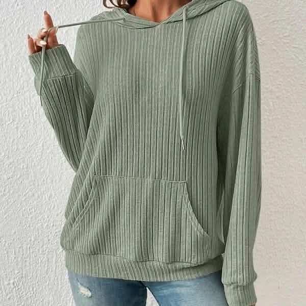 Fashion Drawstring Long-sleeved Hooded Sweatshirt With Pockets Solid Sunken Stripe Hoodie Knitwear Womens Clothing.