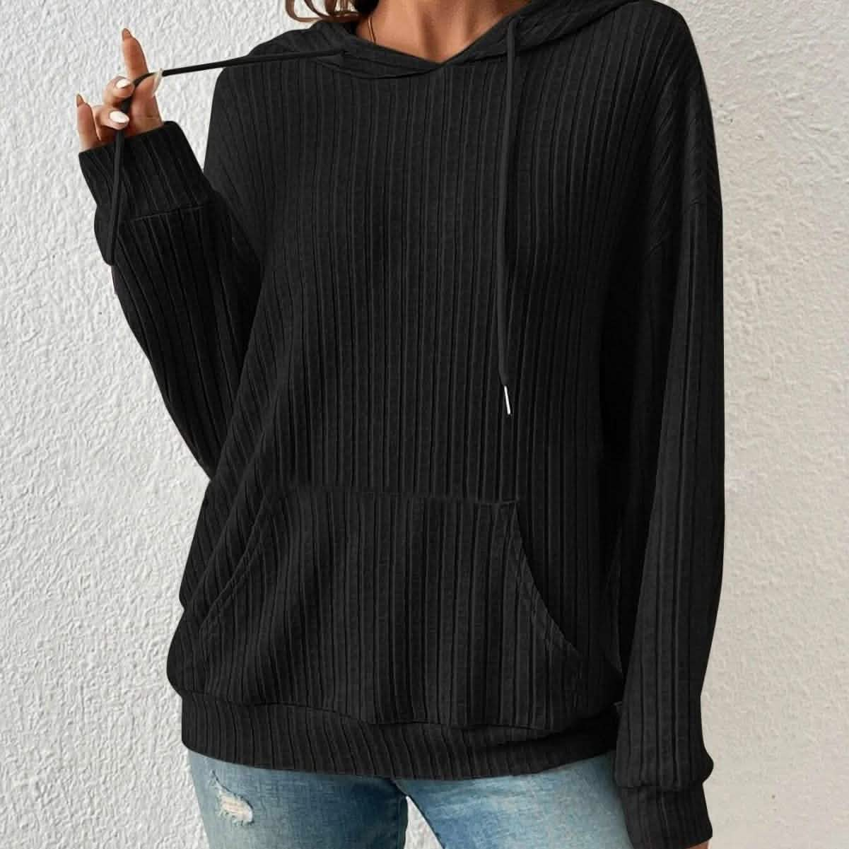 Fashion Drawstring Long-sleeved Hooded Sweatshirt With Pockets Solid Sunken Stripe Hoodie Knitwear Womens Clothing.