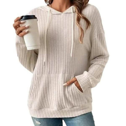 Fashion Drawstring Long-sleeved Hooded Sweatshirt With Pockets Solid Sunken Stripe Hoodie Knitwear Womens Clothing.